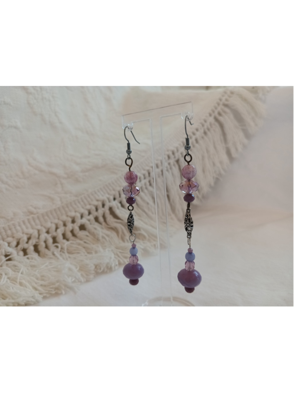 Slender Purple crystal Beaded Dangle Earrings long silver colorful coquette vibe - Picture 7 of 7